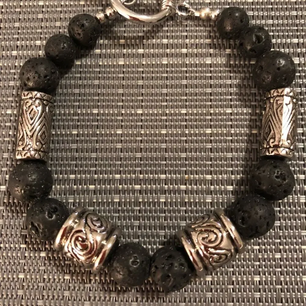 Men’s Black & Silver Volcano Rock Beaded Bracelet